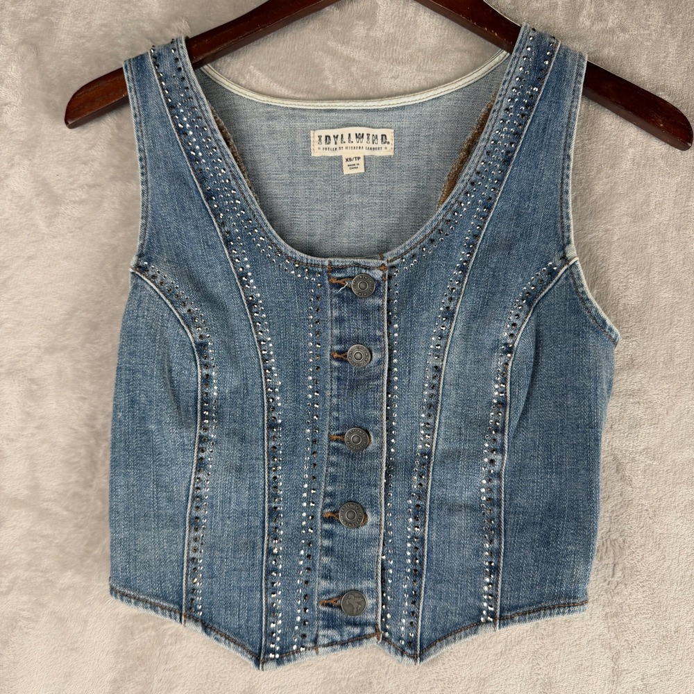 Sparkle Western boho Miranda Lambert Studded Denim Vest Blue Cropped Western XS
